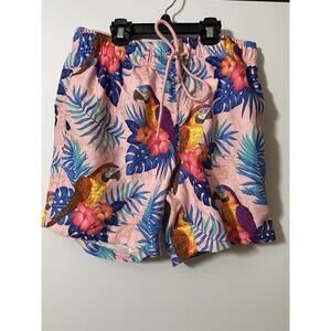 Ring of Fire Mens Shorts Swim Trunks Small Pink Tropical Parrot Print Novelty